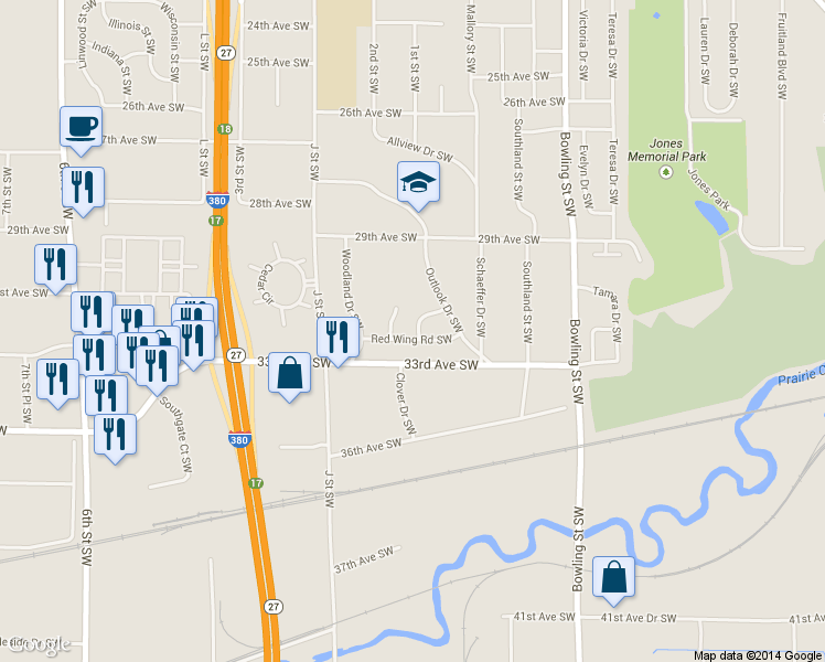 map of restaurants, bars, coffee shops, grocery stores, and more near 3116 Clover Drive Southwest in Cedar Rapids
