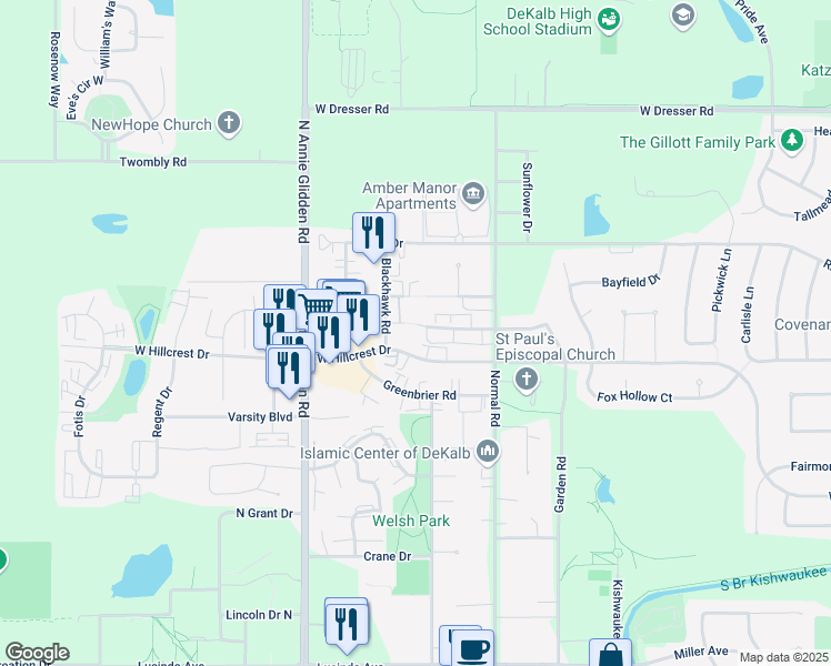 map of restaurants, bars, coffee shops, grocery stores, and more near 906 Kimberly Drive in DeKalb