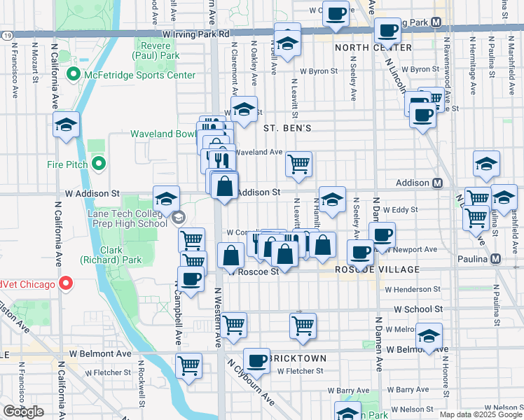map of restaurants, bars, coffee shops, grocery stores, and more near 3535 North Oakley Avenue in Chicago