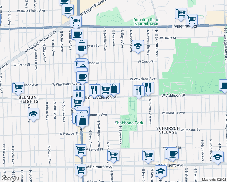 map of restaurants, bars, coffee shops, grocery stores, and more near 3618 North Nora Avenue in Chicago
