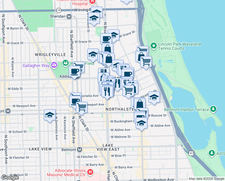 map of restaurants, bars, coffee shops, grocery stores, and more near 729 West Brompton Avenue in Chicago