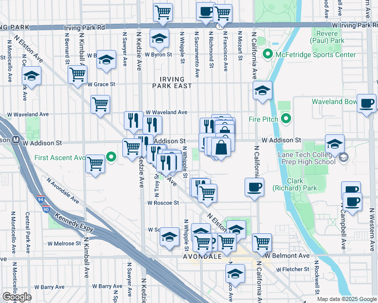 map of restaurants, bars, coffee shops, grocery stores, and more near 3541 North Whipple Street in Chicago