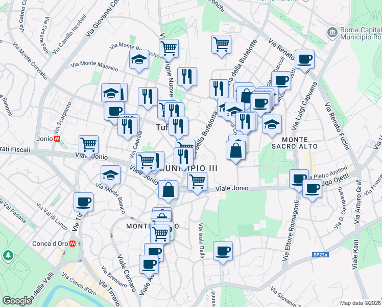 map of restaurants, bars, coffee shops, grocery stores, and more near 10 Via della Bufalotta in Roma
