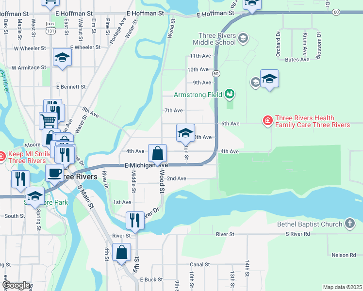 map of restaurants, bars, coffee shops, grocery stores, and more near 416 Washington Street in Three Rivers