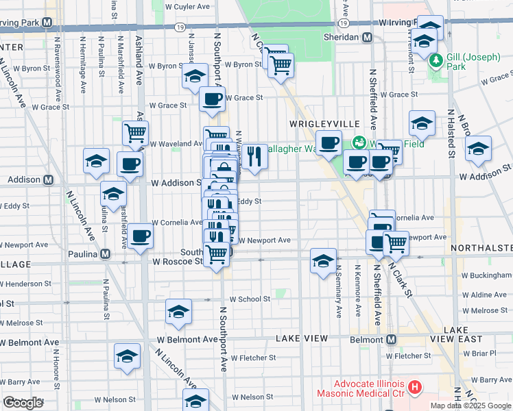 map of restaurants, bars, coffee shops, grocery stores, and more near 1301 West Eddy Street in Chicago
