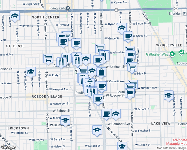map of restaurants, bars, coffee shops, grocery stores, and more near 3524 North Marshfield Avenue in Chicago