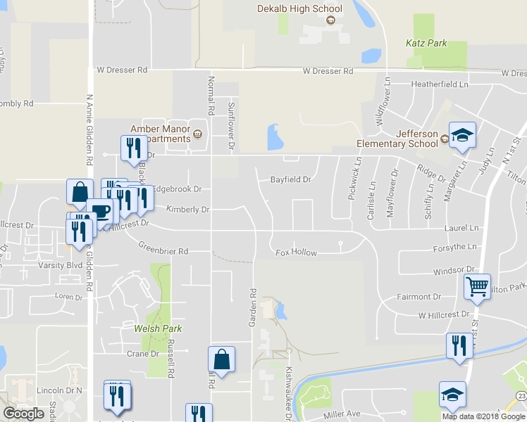map of restaurants, bars, coffee shops, grocery stores, and more near 1057 Fox Hollow in DeKalb