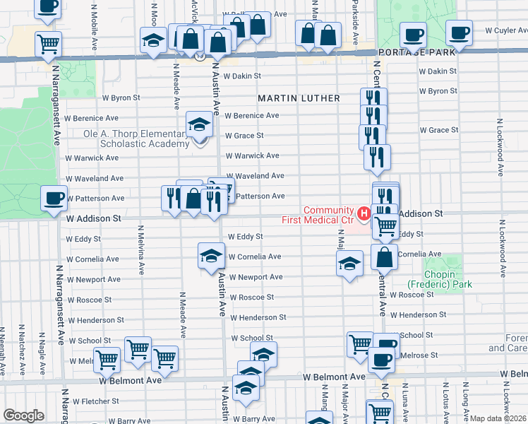 map of restaurants, bars, coffee shops, grocery stores, and more near 5860 West Addison Street in Chicago