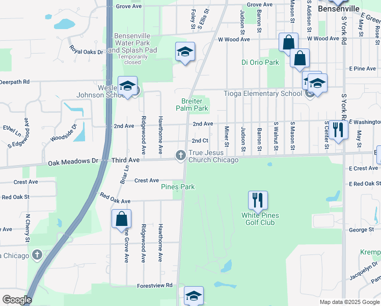 map of restaurants, bars, coffee shops, grocery stores, and more near 4N579 Church Road in Bensenville