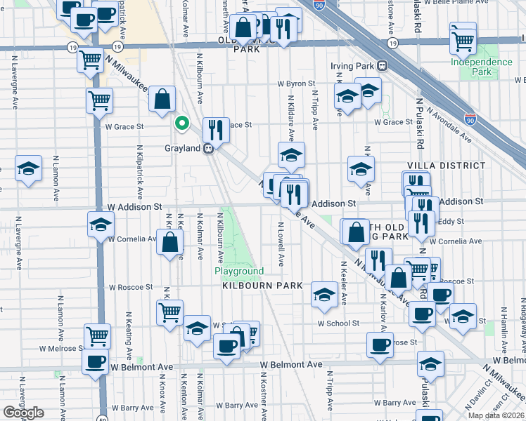 map of restaurants, bars, coffee shops, grocery stores, and more near 4331 West Addison Street in Chicago