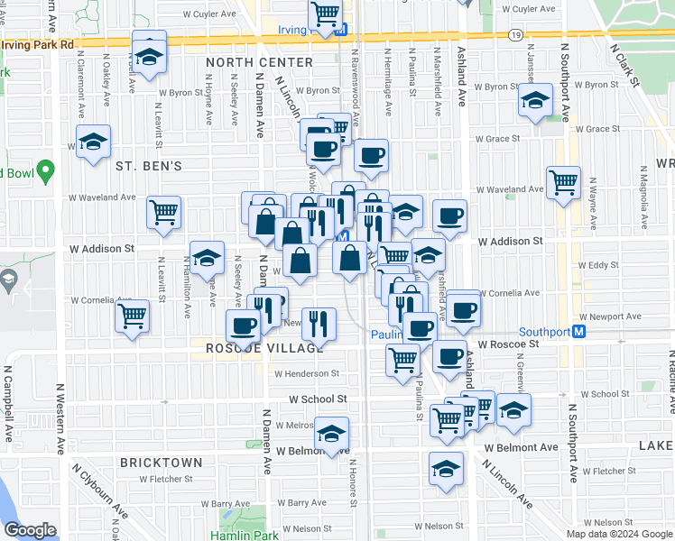 map of restaurants, bars, coffee shops, grocery stores, and more near 1826 W Eddy St in Chicago