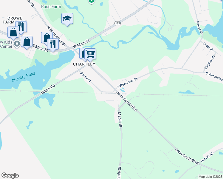 map of restaurants, bars, coffee shops, grocery stores, and more near 65 South Worcester Street in Taunton