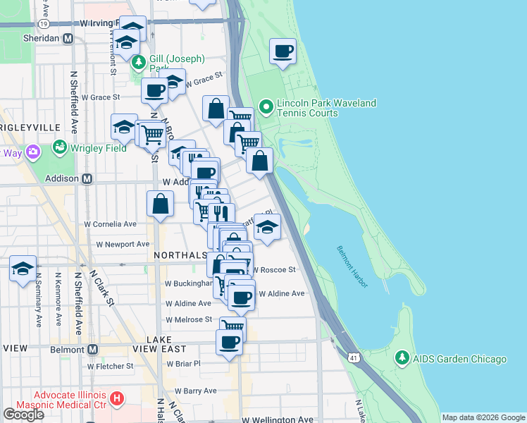 map of restaurants, bars, coffee shops, grocery stores, and more near 536 West Stratford Place in Chicago