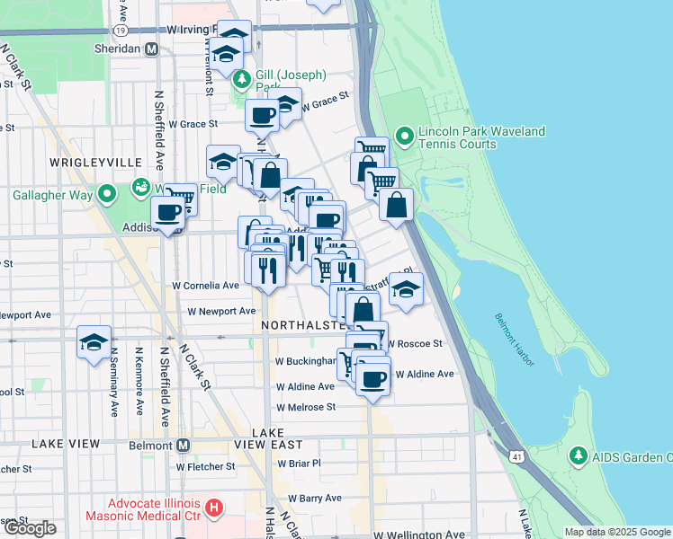 map of restaurants, bars, coffee shops, grocery stores, and more near 660 West Cornelia Avenue in Chicago