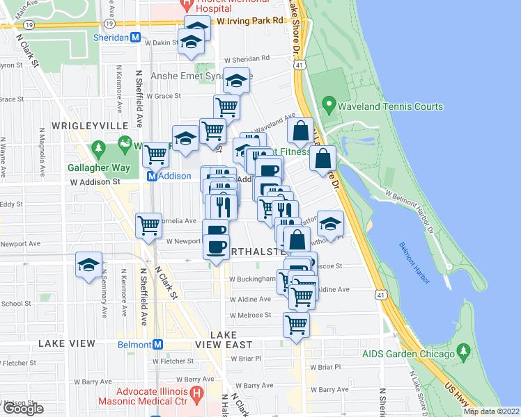 map of restaurants, bars, coffee shops, grocery stores, and more near 660 West Cornelia Avenue in Chicago