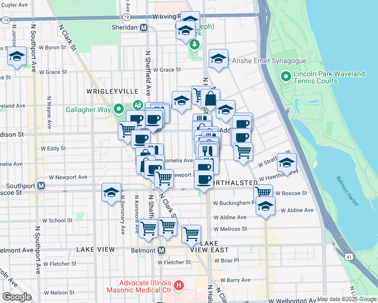 map of restaurants, bars, coffee shops, grocery stores, and more near 3516 North Reta Avenue in Chicago