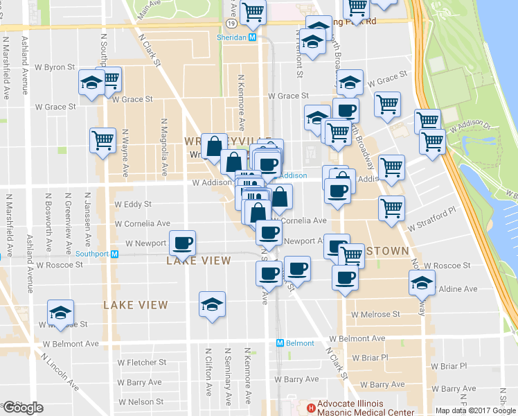 map of restaurants, bars, coffee shops, grocery stores, and more near 3519 North Sheffield Avenue in Chicago