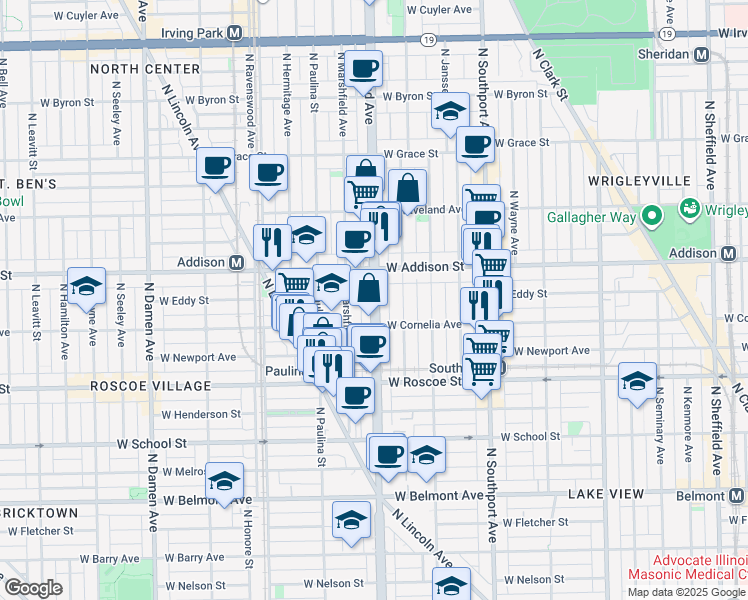 map of restaurants, bars, coffee shops, grocery stores, and more near 3528 North Ashland Avenue in Chicago