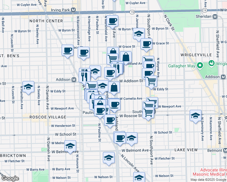map of restaurants, bars, coffee shops, grocery stores, and more near 3528 North Ashland Avenue in Chicago