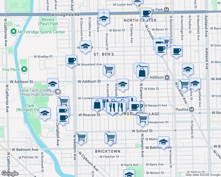 map of restaurants, bars, coffee shops, grocery stores, and more near 3532 North Hamilton Avenue in Chicago