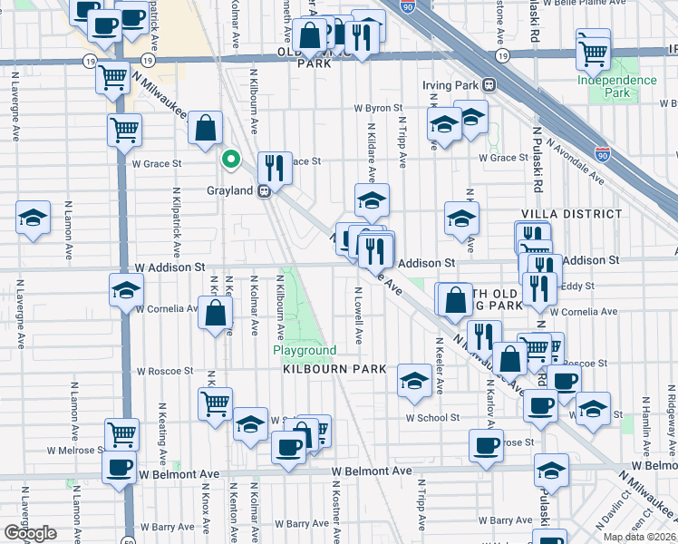 map of restaurants, bars, coffee shops, grocery stores, and more near 4331 West Addison Street in Chicago
