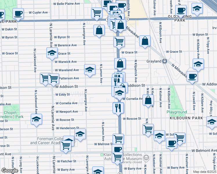 map of restaurants, bars, coffee shops, grocery stores, and more near 4839 West Addison Street in Chicago