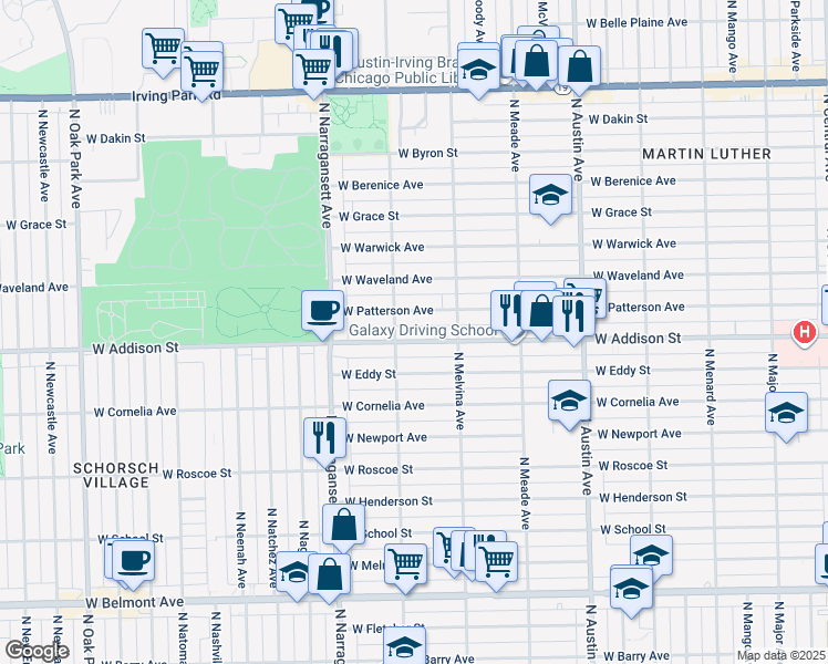 map of restaurants, bars, coffee shops, grocery stores, and more near 6240 West Addison Street in Chicago
