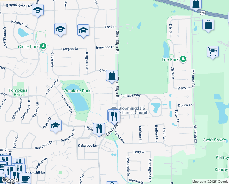 map of restaurants, bars, coffee shops, grocery stores, and more near 229 Pebble Creek Drive in Bloomingdale