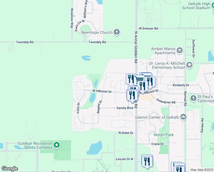 map of restaurants, bars, coffee shops, grocery stores, and more near 1044 Regent Drive in DeKalb