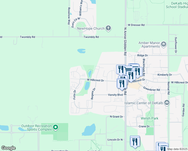 map of restaurants, bars, coffee shops, grocery stores, and more near 1025 Regent Drive in DeKalb