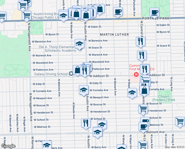 map of restaurants, bars, coffee shops, grocery stores, and more near 5934 West Addison Street in Chicago