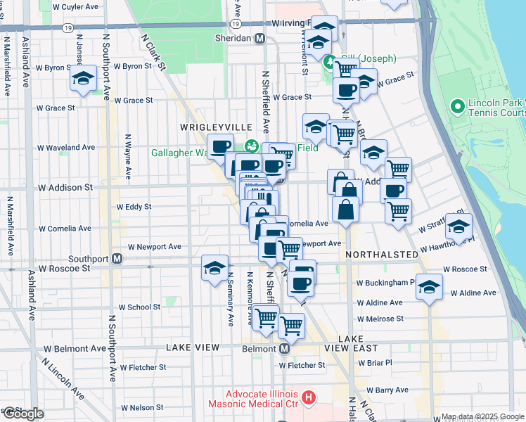 map of restaurants, bars, coffee shops, grocery stores, and more near 3519 North Sheffield Avenue in Chicago