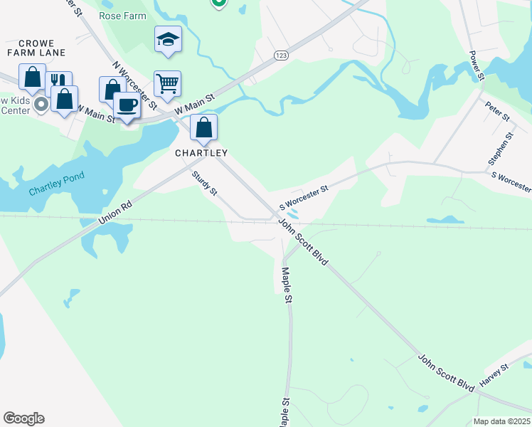 map of restaurants, bars, coffee shops, grocery stores, and more near 65 South Worcester Street in Taunton