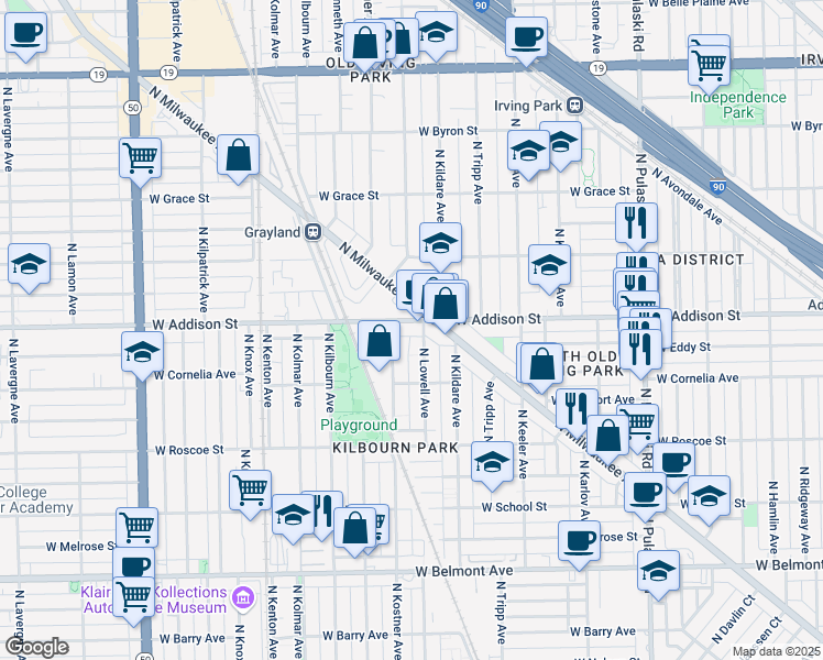 map of restaurants, bars, coffee shops, grocery stores, and more near 4331 West Addison Street in Chicago