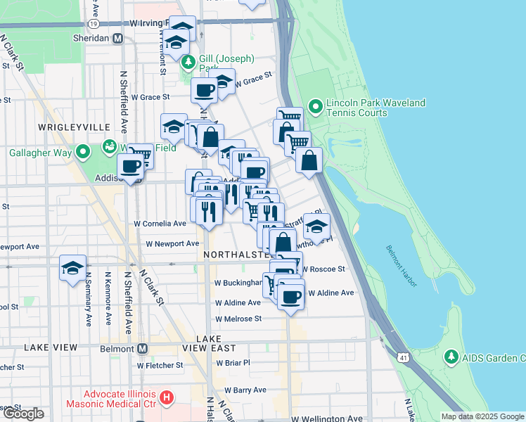 map of restaurants, bars, coffee shops, grocery stores, and more near 660 West Cornelia Avenue in Chicago