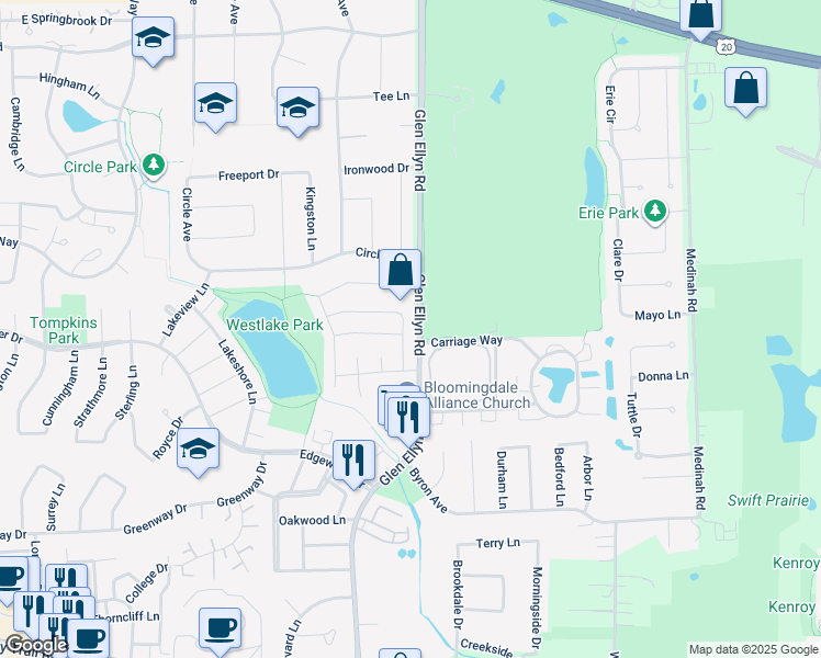 map of restaurants, bars, coffee shops, grocery stores, and more near 229 Pebble Creek Drive in Bloomingdale