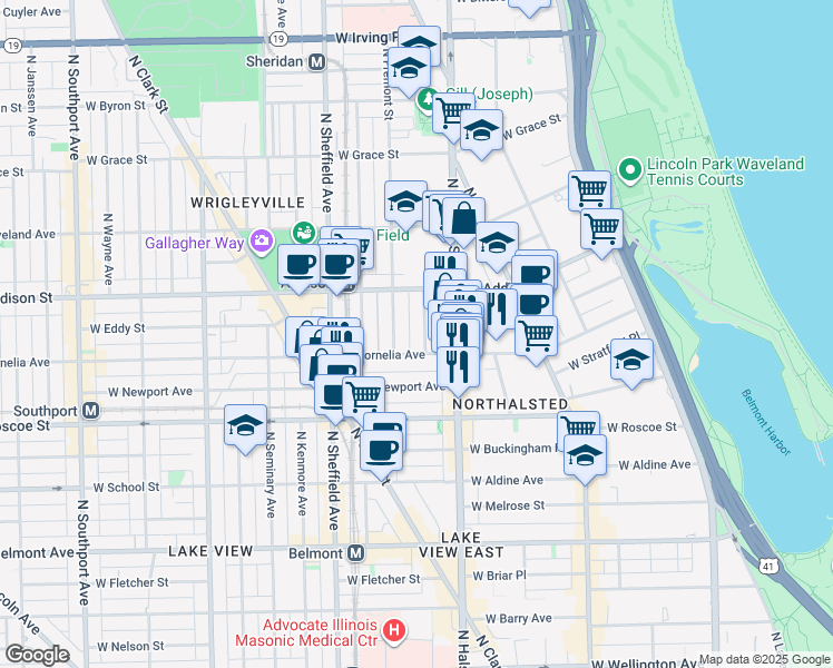 map of restaurants, bars, coffee shops, grocery stores, and more near 3516 North Reta Avenue in Chicago