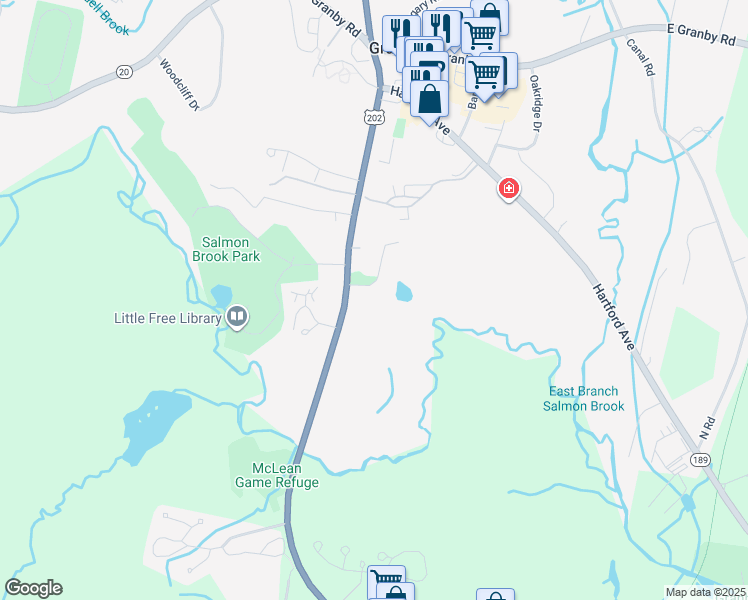 map of restaurants, bars, coffee shops, grocery stores, and more near 208 Salmon Brook Street in Granby