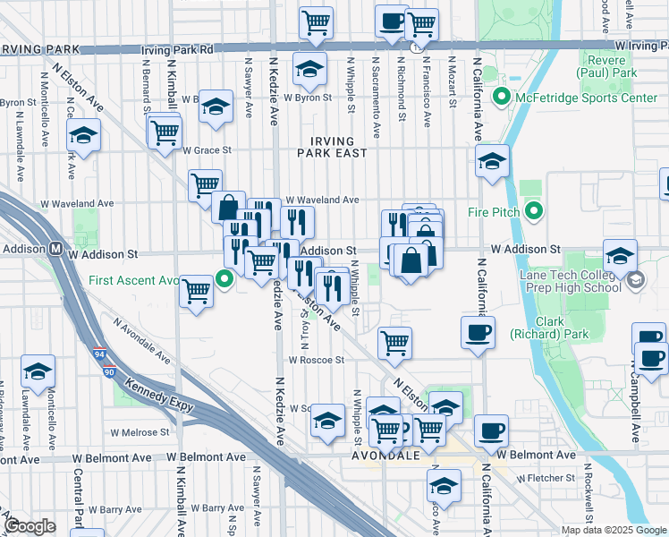 map of restaurants, bars, coffee shops, grocery stores, and more near 3543 North Albany Avenue in Chicago