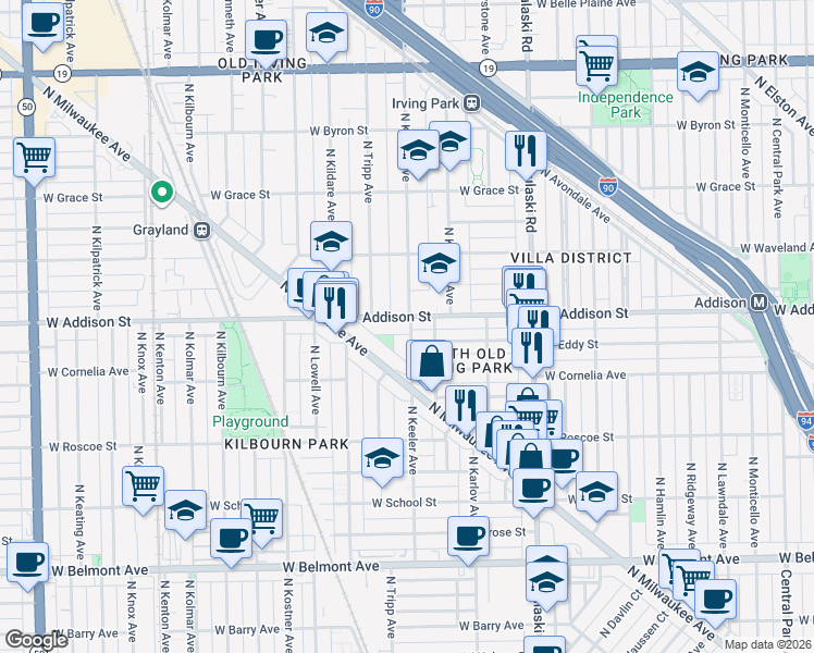 map of restaurants, bars, coffee shops, grocery stores, and more near 4173 West Addison Street in Chicago