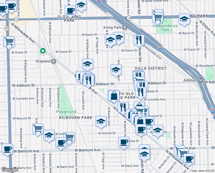 map of restaurants, bars, coffee shops, grocery stores, and more near 3556 North Keeler Avenue in Chicago