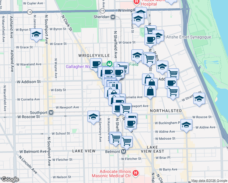 map of restaurants, bars, coffee shops, grocery stores, and more near 3516 North Sheffield Avenue in Chicago