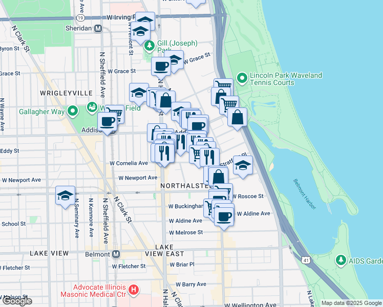 map of restaurants, bars, coffee shops, grocery stores, and more near 3518 North Broadway in Chicago