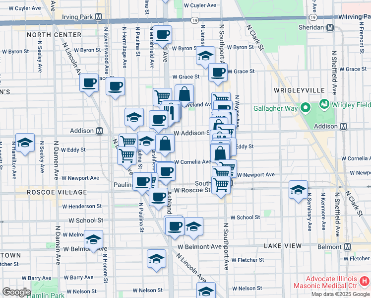 map of restaurants, bars, coffee shops, grocery stores, and more near 3527 North Bosworth Avenue in Chicago