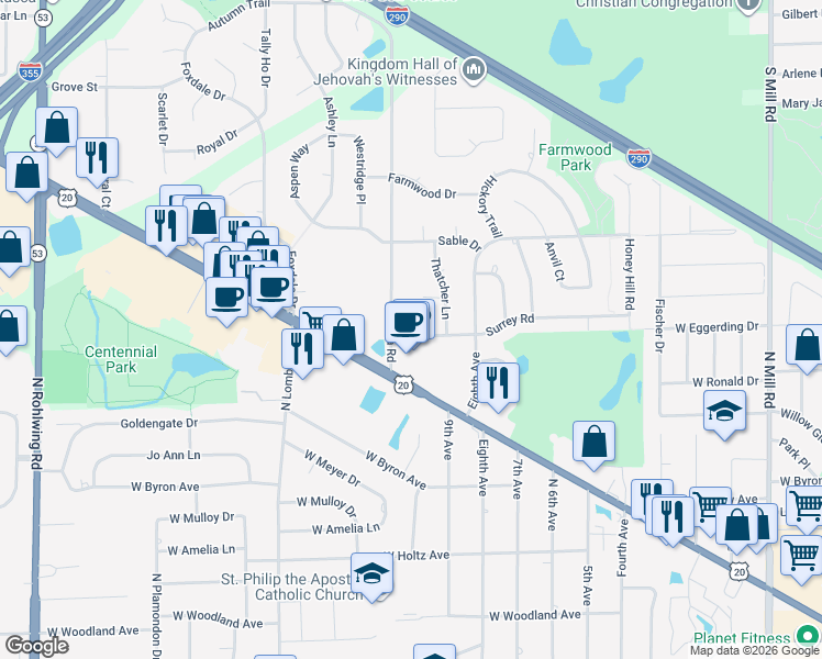 map of restaurants, bars, coffee shops, grocery stores, and more near 1216 Surrey Road in Addison
