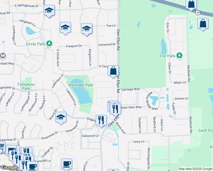map of restaurants, bars, coffee shops, grocery stores, and more near 241 Hedge Row Drive in Bloomingdale
