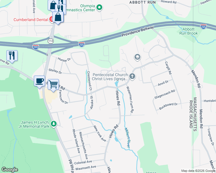 map of restaurants, bars, coffee shops, grocery stores, and more near 91 Bear Hill Road in Cumberland