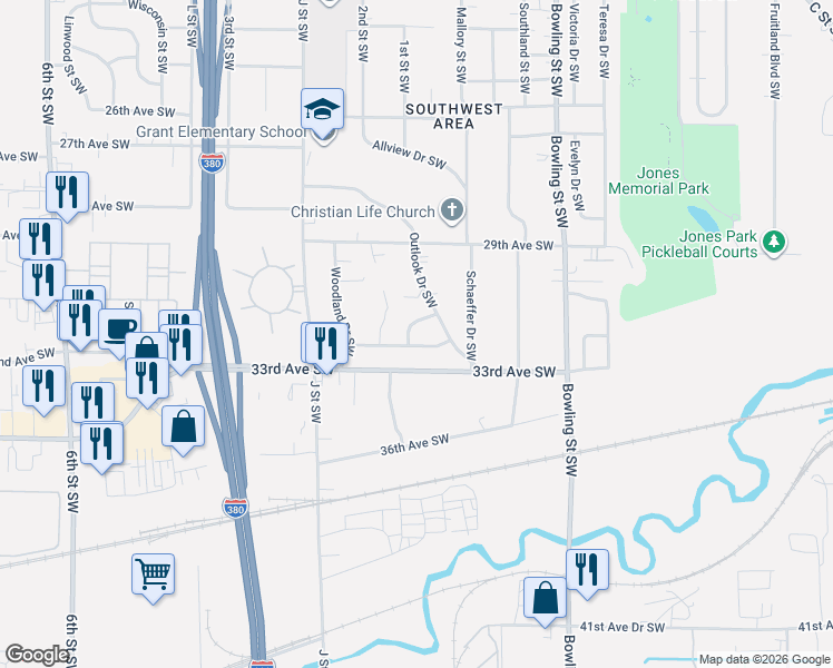 map of restaurants, bars, coffee shops, grocery stores, and more near 3116 Clover Drive Southwest in Cedar Rapids