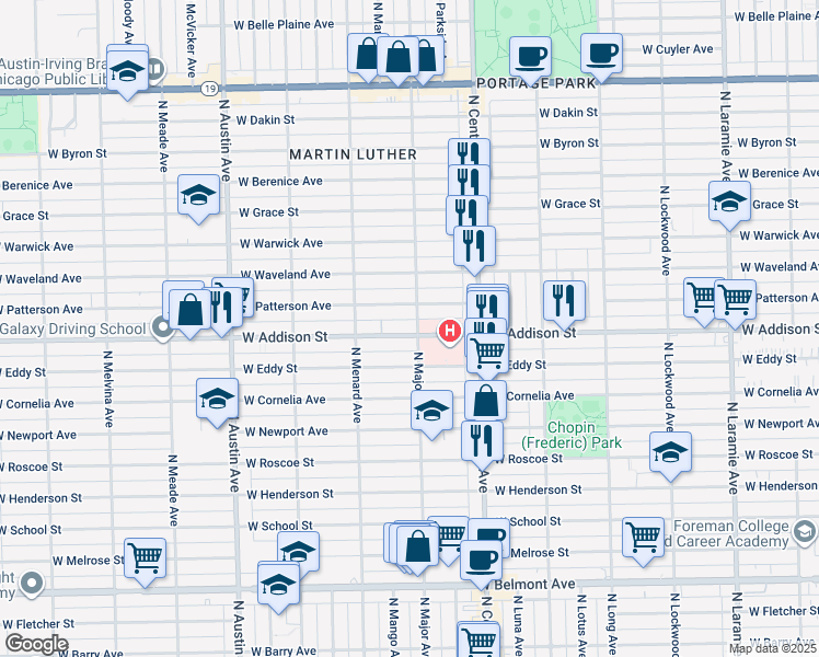 map of restaurants, bars, coffee shops, grocery stores, and more near 5704 West Addison Street in Chicago