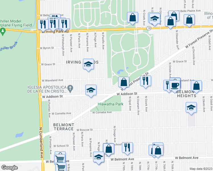 map of restaurants, bars, coffee shops, grocery stores, and more near 3631 North Pacific Avenue in Chicago